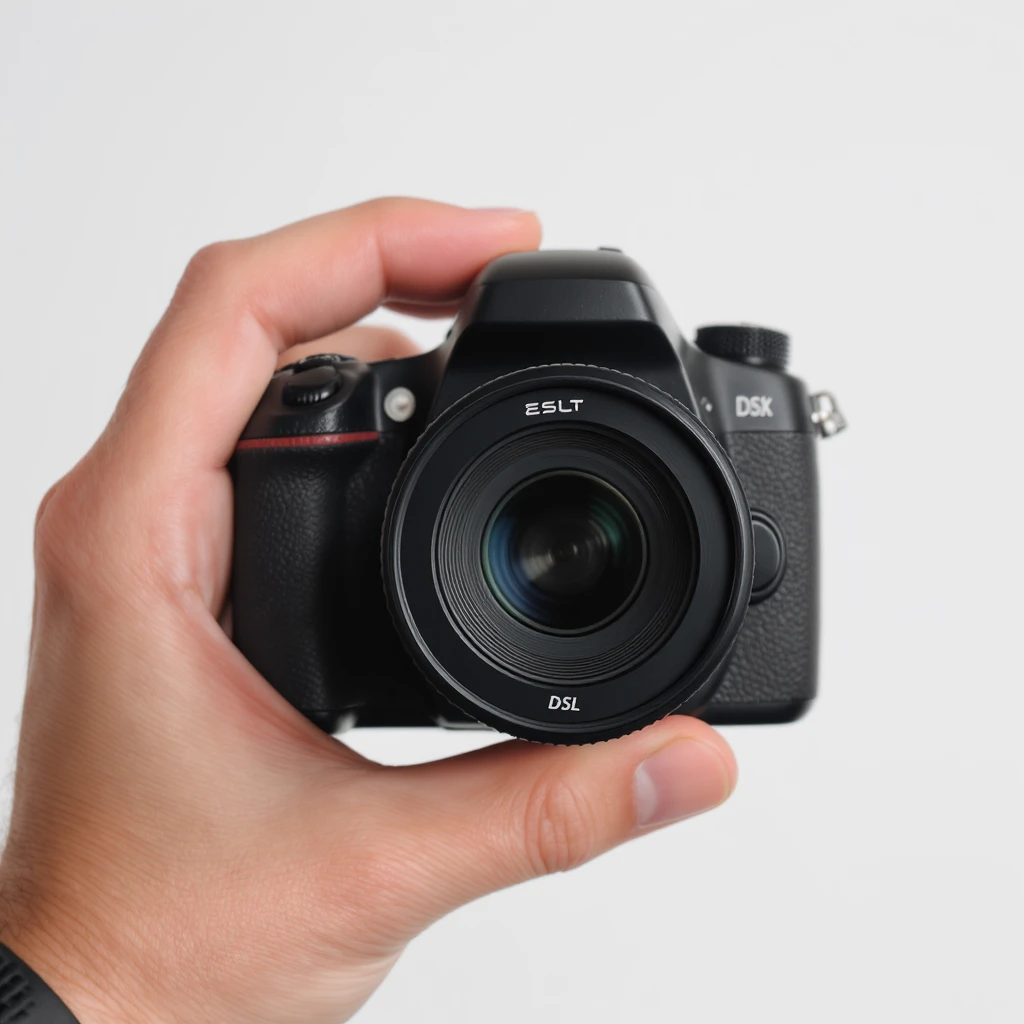 realistic of hand holding dslr camera, studio quality, close up, top view emoji