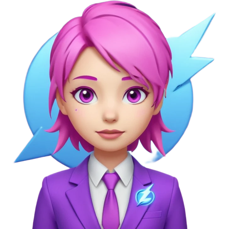 Cute 3D emoji-style girl sexy character with pink hair and purple eyes. No hands, no pose. Clean purple suit with a glowing neon-blue ‘C’ logo on the chest, small lightning accent. Smooth Apple-style lighting, friendly expression emoji