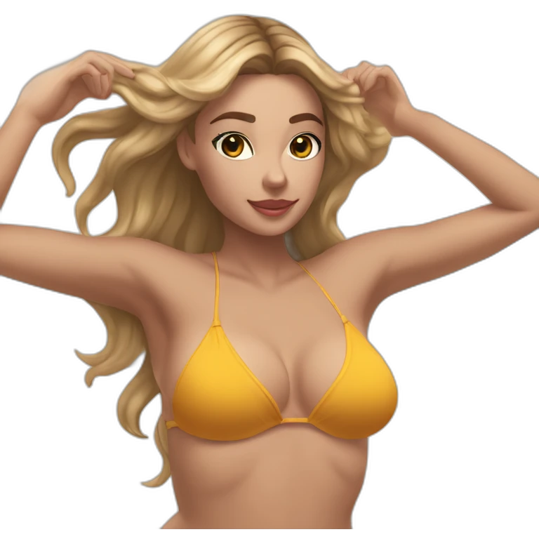 Slim-thicc Caucasian woman bikini hands in hair pose (beach body) emoji