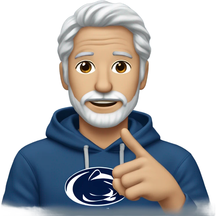 A man with shoulder-length gray hair, a long salt-and-pepper beard and mustash wearing a Penn State blue hoodie making the heart sign with his hands.  emoji