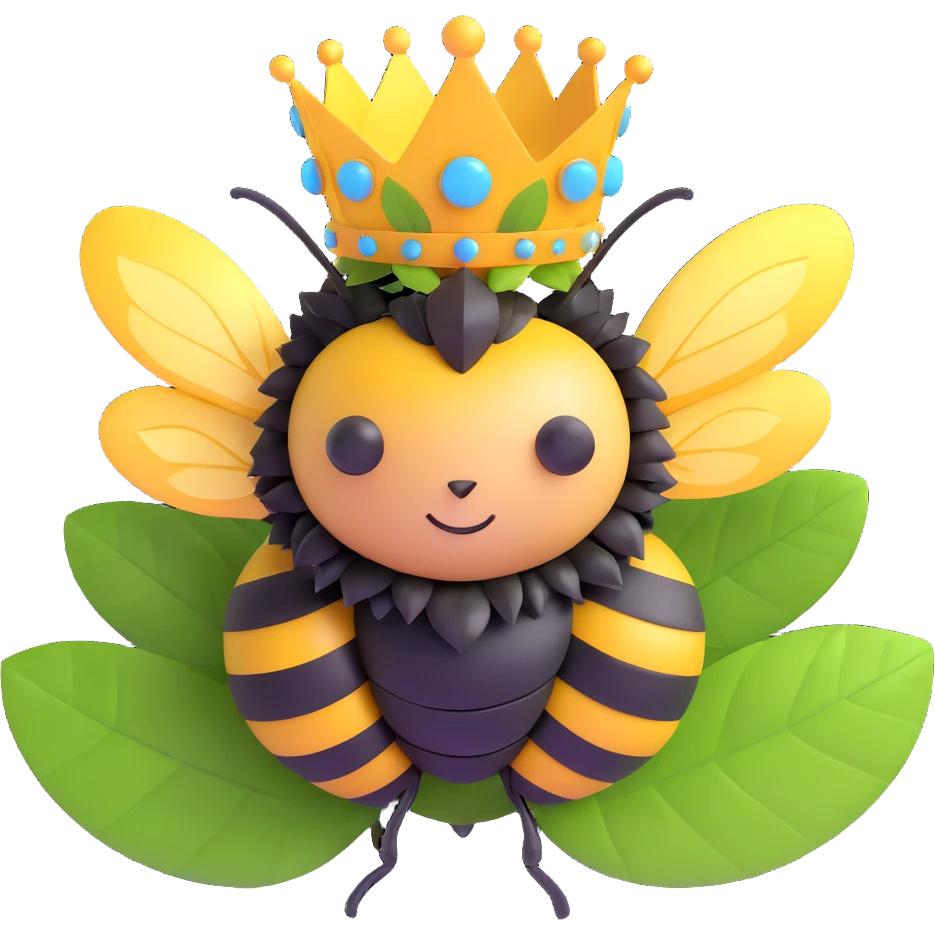a bumblebee with a whimsical DIY queen crown made from leaves and shiny scraps emoji