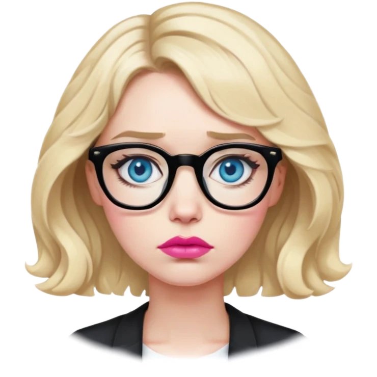 Blonde woman with short wavy hair, blue eyes and pink lips wearing black glasses looking very sad emoji