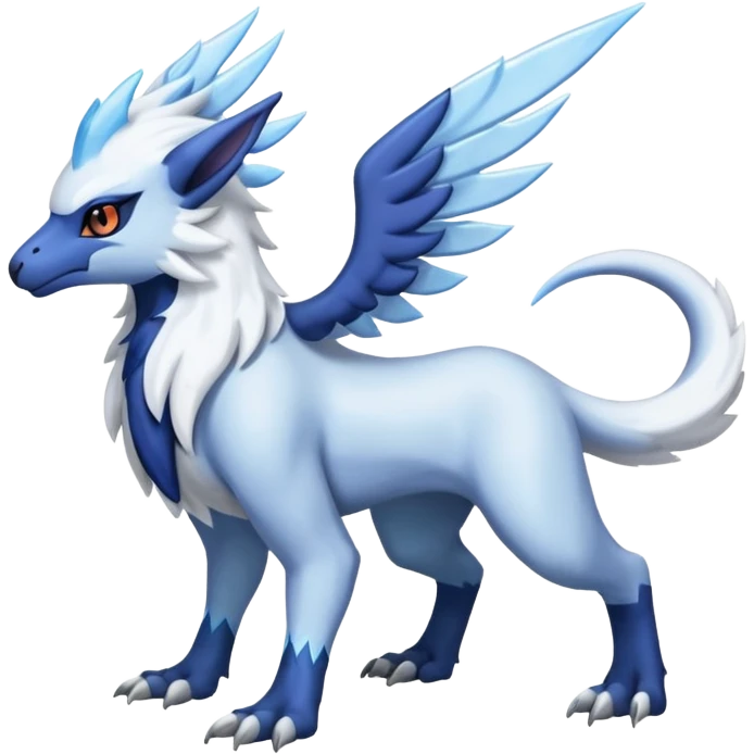 Icy Arctic Frost-Blue Pale-Shimmering Snow-Dusted Majestic Absol-Nargacuga-Latias-fusion-creature (full body) emoji