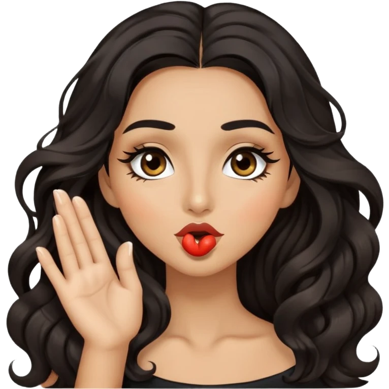 woman with olive skin, brown eyes and long lashes, and long black wavy hair blowing kiss emoji