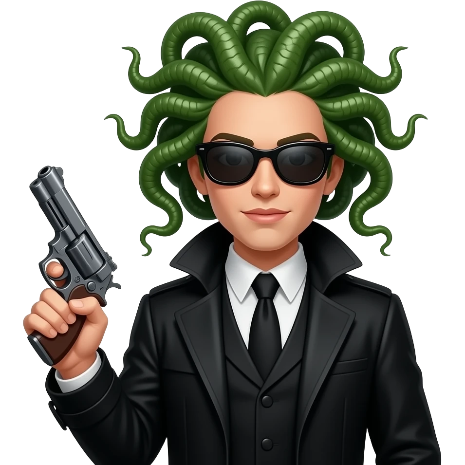 Medusa in black coat with sunglasses holding gun emoji