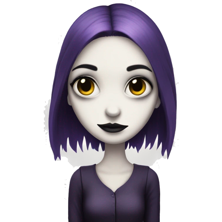 A girl with white skin and dark purple hair with the Tim burton art style  emoji
