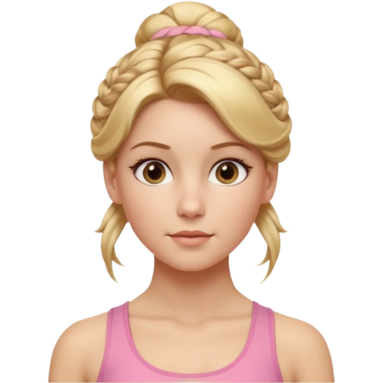 Cinematic Realistic Workout Girl Portrait, depicted with lifelike skin texture, subtle rosy undertones, and soft natural lighting that enhances the gentle contours of her face. Her intricately detailed golden blonde hair is elegantly styled in an updo, emoji
