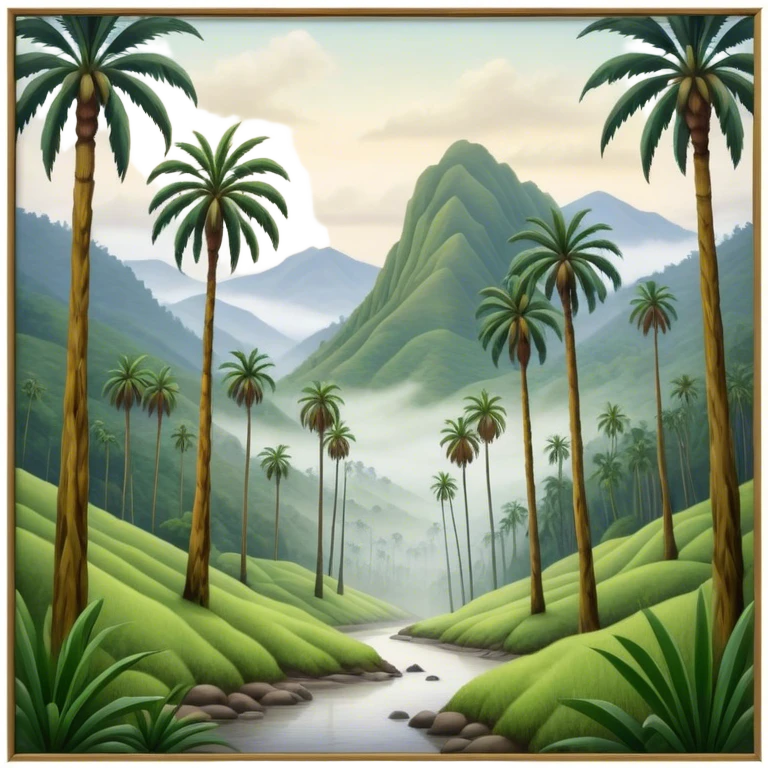 Cinematic Realistic Cocora Valley Landscape Emoji, depicted with towering wax palm trees in a lush, misty valley rendered with rich textures and dynamic, natural lighting. emoji