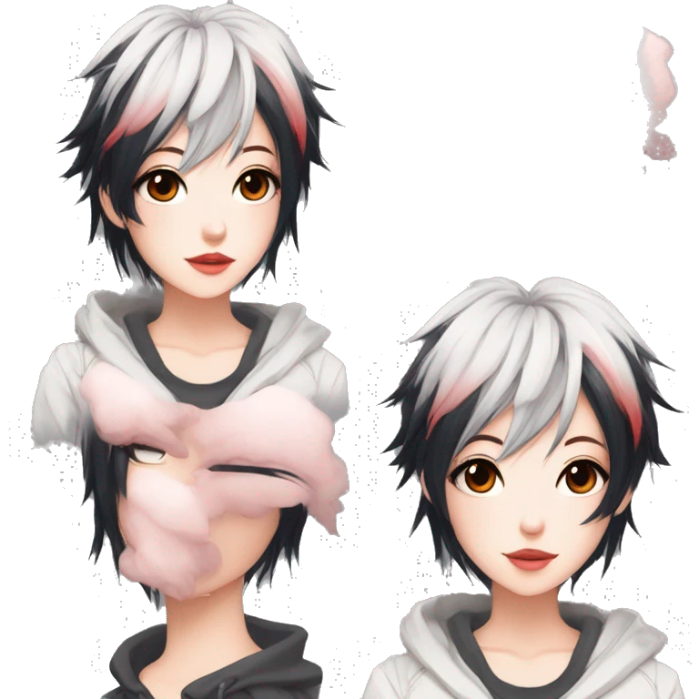 Gorgeous anime style tomboy-lady with blushing face aesthetic and pretty edgy black red punk hair with hair garment trending style emoji