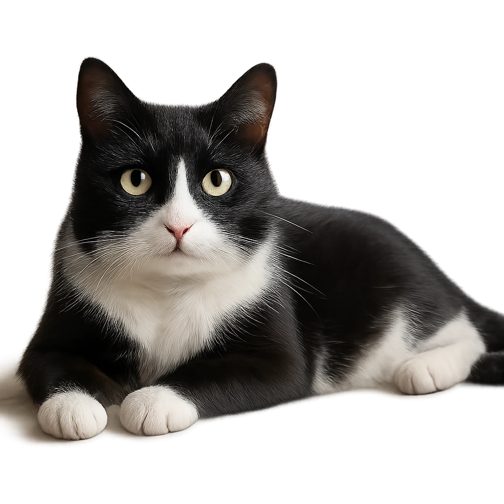 realistic tuxedo cat lying down, soft lighting, natural pose, photorealistic emoji