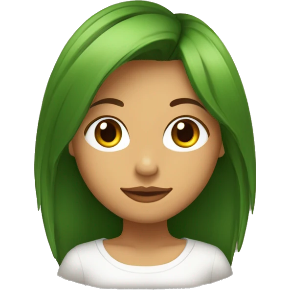 Chica con el pelo cortado capas color castaño y ojos verdes, cara redonda emoji