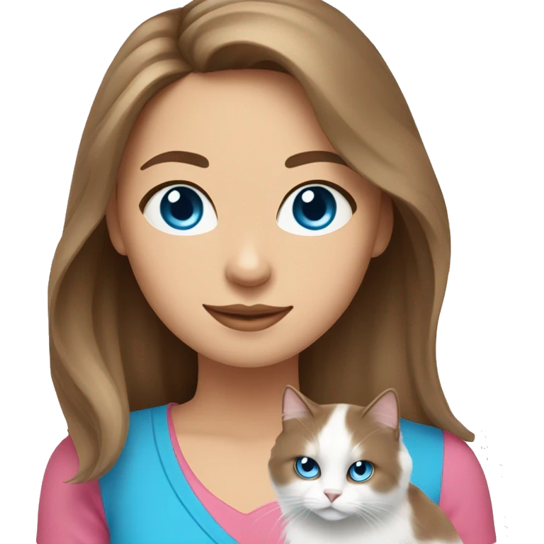 woman with long brown hair and pink shirt and holding a all white Siberian cat with blue eyes emoji