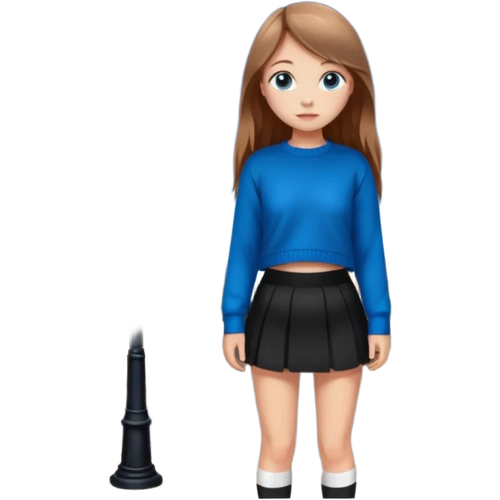 девушка с русыми длинными волосами, голубыми глазами, в черной короткой юбке и вязаной черной кофте с дырками, в белых кедах рядом с фонарным столбом emoji