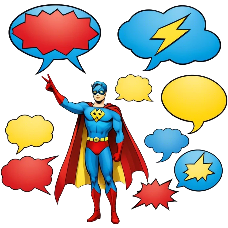 Create a vibrant and dynamic emoji representing comic books and graphic novels as an art form. The design should feature a comic book page with panels and speech bubbles, showcasing bold lines and vibrant colors. Include elements like a pencil or pen, as well as a superhero icon or an action scene to symbolize storytelling through visuals. Use bright, energetic colors like red, blue, and yellow to convey excitement and creativity. The overall design should feel playful, creative, and artistic. Make the background transparent. emoji