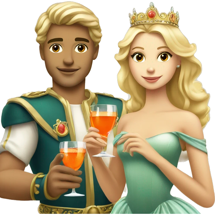 beautiful blond princess with crown in a golden dress and a beautiful blond prince drinking aperol emoji