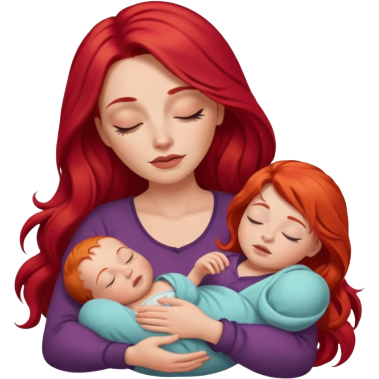 White woman with long red hair and makeup holding a sleeping baby emoji