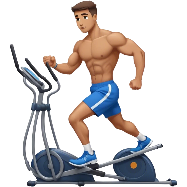buff guy in blue shorts using elliptical emoji