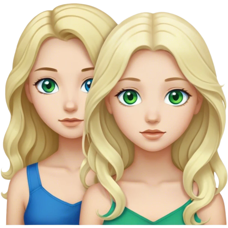 Two girls, one with long wavy black hair and blue eyes. The other girl has shoulder-length blonde hair and green eyes emoji