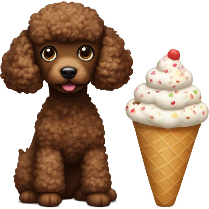 Two brown toy poodles. One is smaller than the other one. One is eating ice cream, the other one I watching emoji