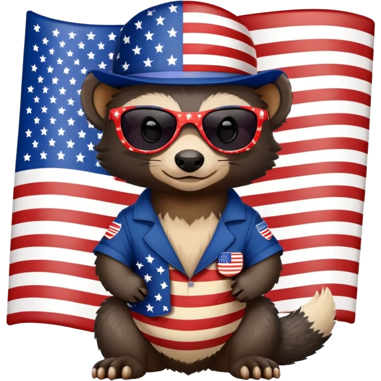 friendly anthropomorphised honey badger in patriotic USA Independence Day outfit with stars and stripes, wearing sunglasses emoji