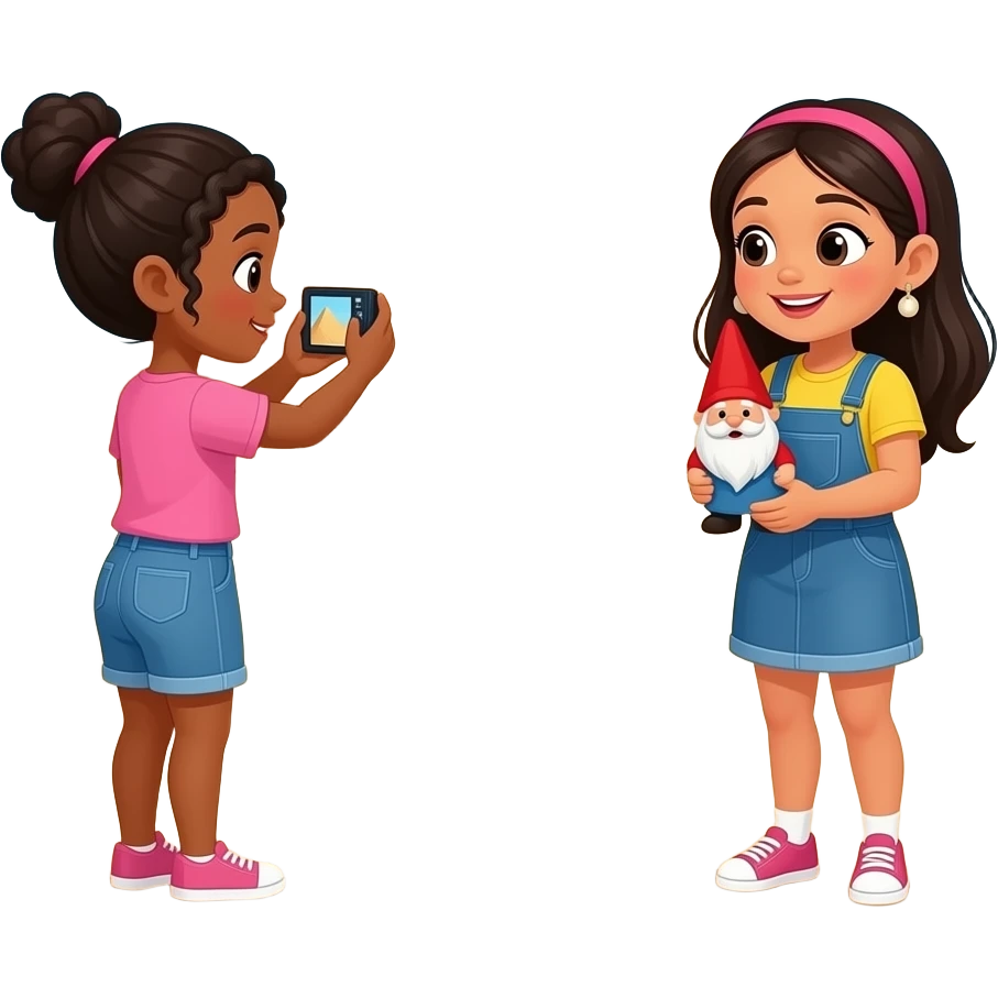 A black girl taking a photo of her Hispanic girl  holding a small gnome while standing in front of the pyramids emoji