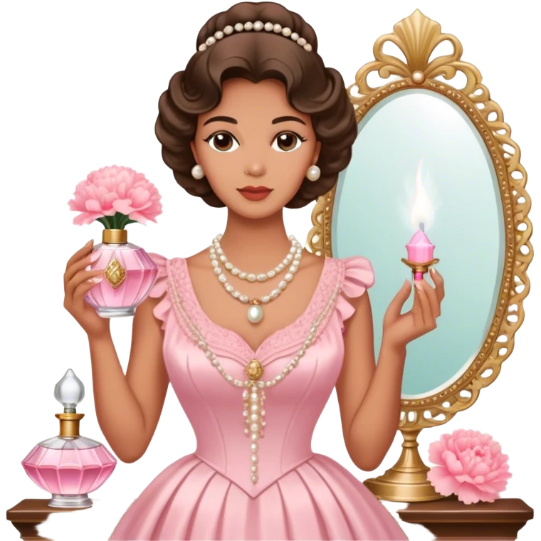 "An ornate Shell Pink perfume bottle with an atomizer, surrounded by Pearl Pink carnations. A string of pearls and a vintage mirror enhance the old Hollywood charm." emoji