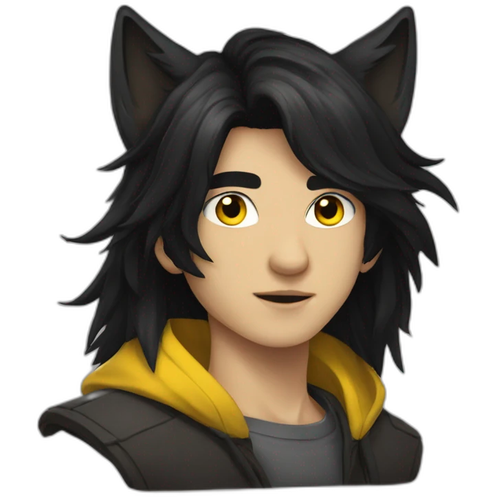 Young man long black hair wolf ears yellow eyes emoji