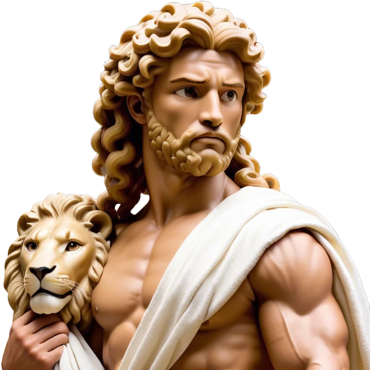 Cinematic Realistic Hercules Portrait, depicted as a classical Greek hero merging the fierce masculinity of the lion-wrestling Hercules with the refined face of Michelangelo's David. His light tan, chiseled skin glows with timeless strength, and his thick, curly, golden brown hair cascades in natural, sculpted curls reminiscent of a warrior’s mane. Draped in a flowing white robe with delicate golden accents and crowned with a traditional Greek laurel wreath, his intense, determined eyes exude noble might, all rendered under dynamic natural lighting with a mythic, radiant glow. emoji