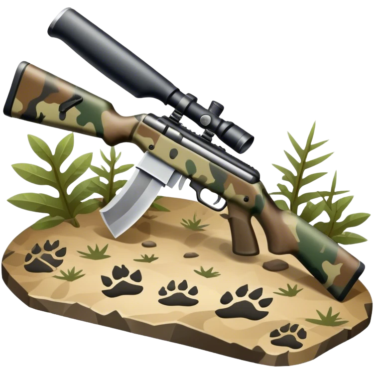 Icon for Hunting: a rifle, hunting knife and a set of animal tracks on the ground, surrounded by a camouflage pattern. The icon should represent the tools and spirit of hunting. Transparent background. emoji