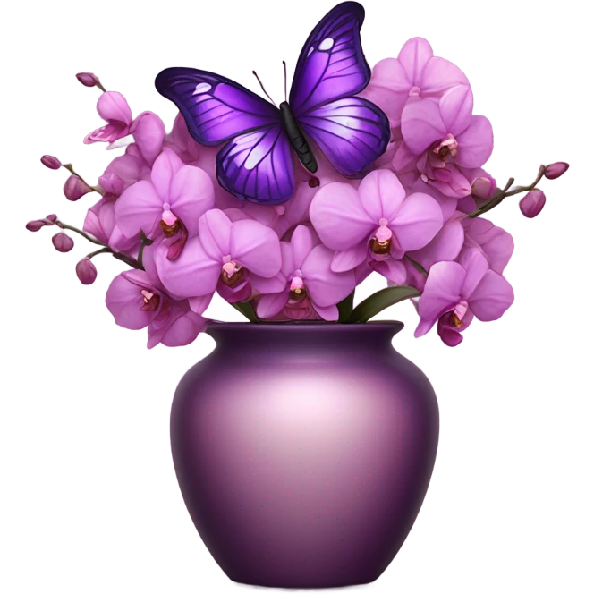 Aesthetic butterfly with purple and pink wings sitting on a dark purple bouquet of Orchids in a pastel pink vase emoji