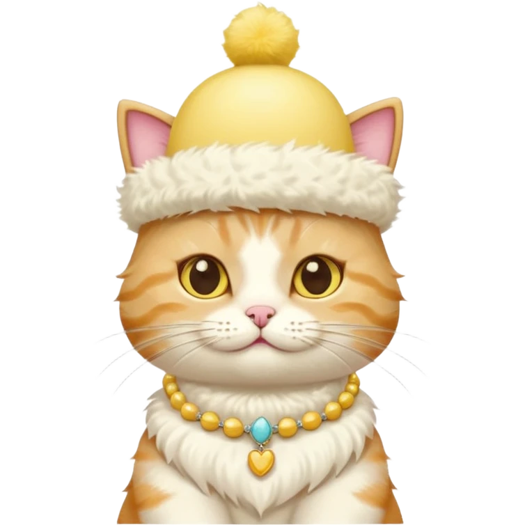 cat wearing a creamy cake hat with fun necklace around his neck and a yellow bow in the middle emoji