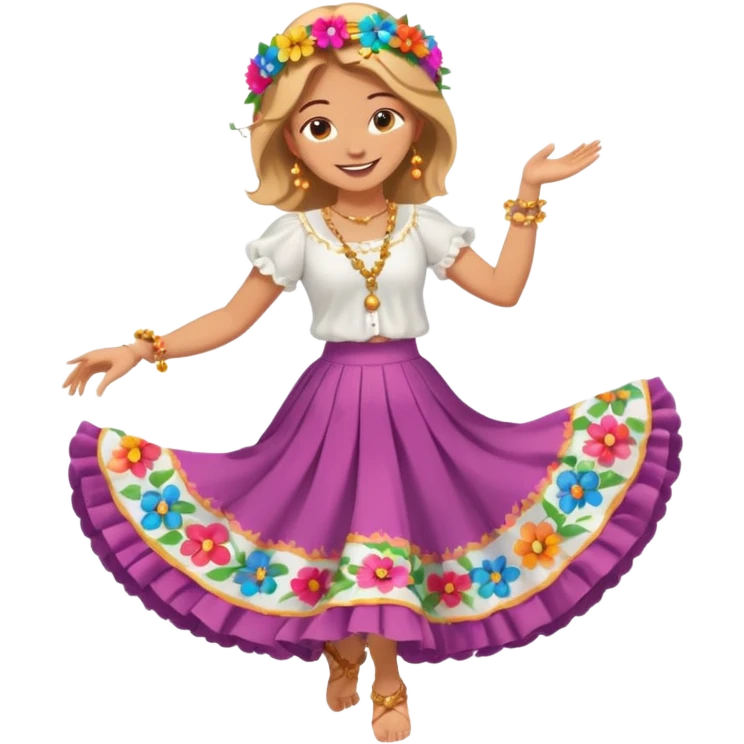 smiling barefoot woman dancing in a colorful wide skirt, flower headpiece, white blouse, and golden rosary emoji