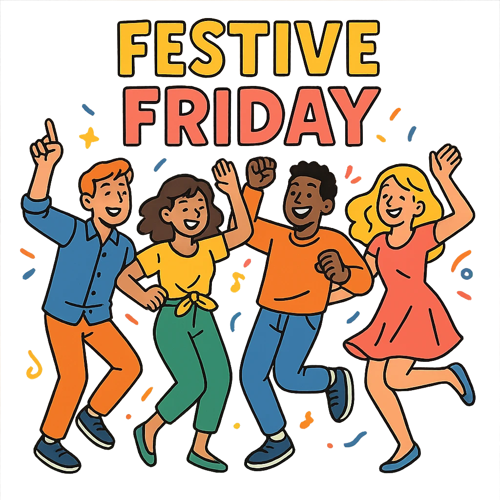vibrant toon style group of friends dancing, festive Friday mood emoji