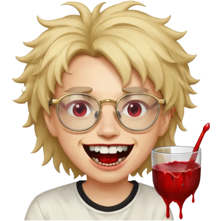 Cabelo bagunçado com oculos sorrindo com metade do rosto com dente de ouro e saindo sangue da boca  emoji