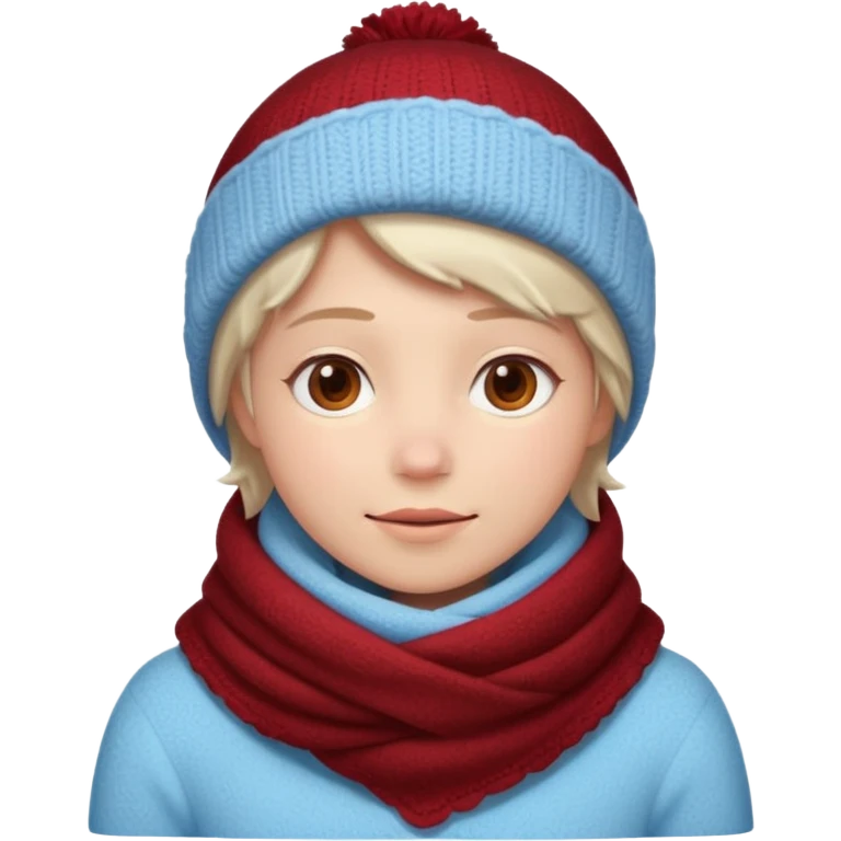 Fantasy human portrait emoji, deep red winter scarf covered with light frost, cozy but cold winter mood, slightly rosy cheeks, icy blue shadows, clean minimal emoji style, male/female variant
 emoji