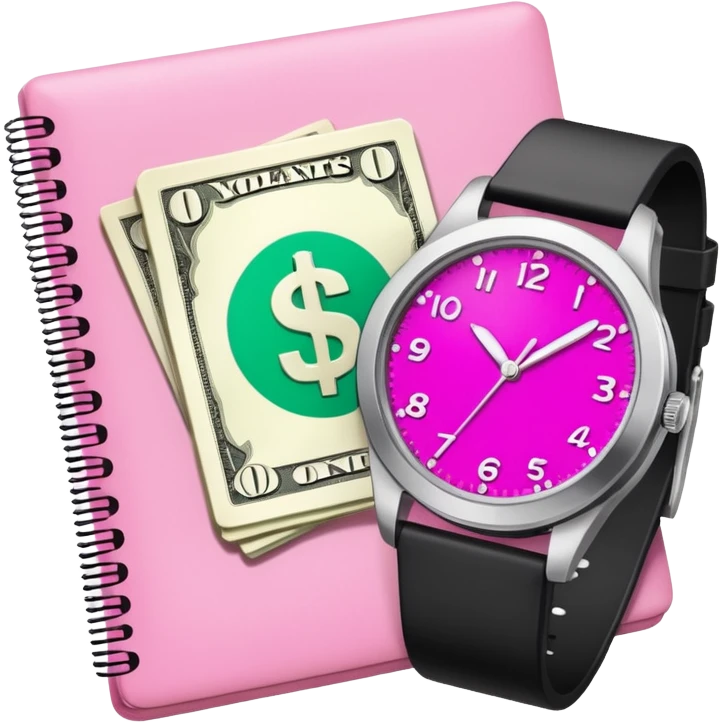 Libreta, reloj y un dolar rosa emoji