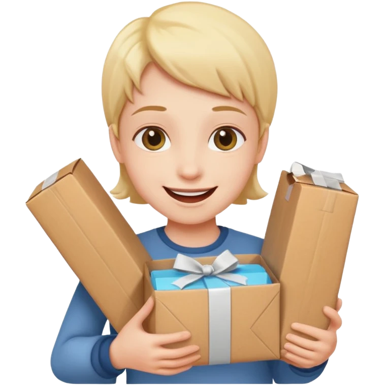 glückliche Person, die ein Paket hält, freundlicher Gesichtsausdruck, Paket in beiden Händen, neutraler Hintergrund emoji