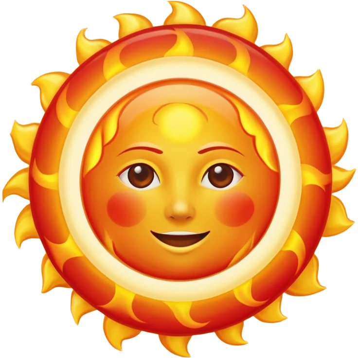real life sun emoji with detailed burning surface, solar flares, bright yellow-white, orange and red hues, realistic, radiant, simple and round emoji