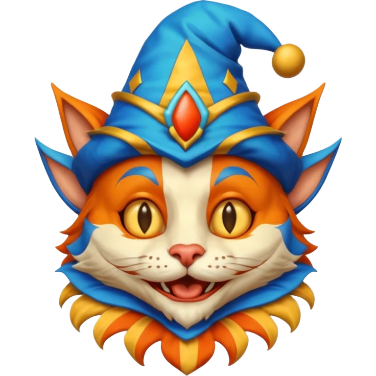 crazy funny colorful cat jolly joker, medieval, vintage, court jester, mac os icon, blue color emoji