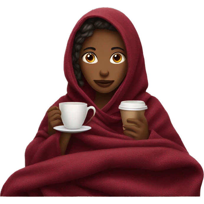 girl covered with a burgundy blanket drinks coffee emoji