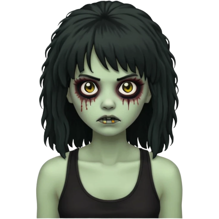 a female zombie with sage green skin, black long afro hair with bangs, and a black tank top  emoji