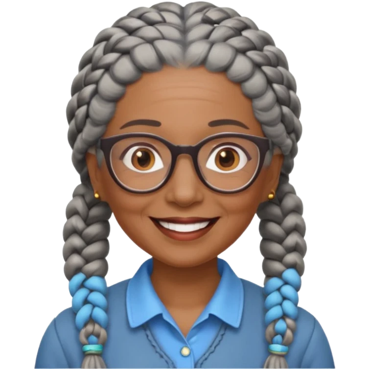 Older woman of color with gray braids, glasses and smiling emoji