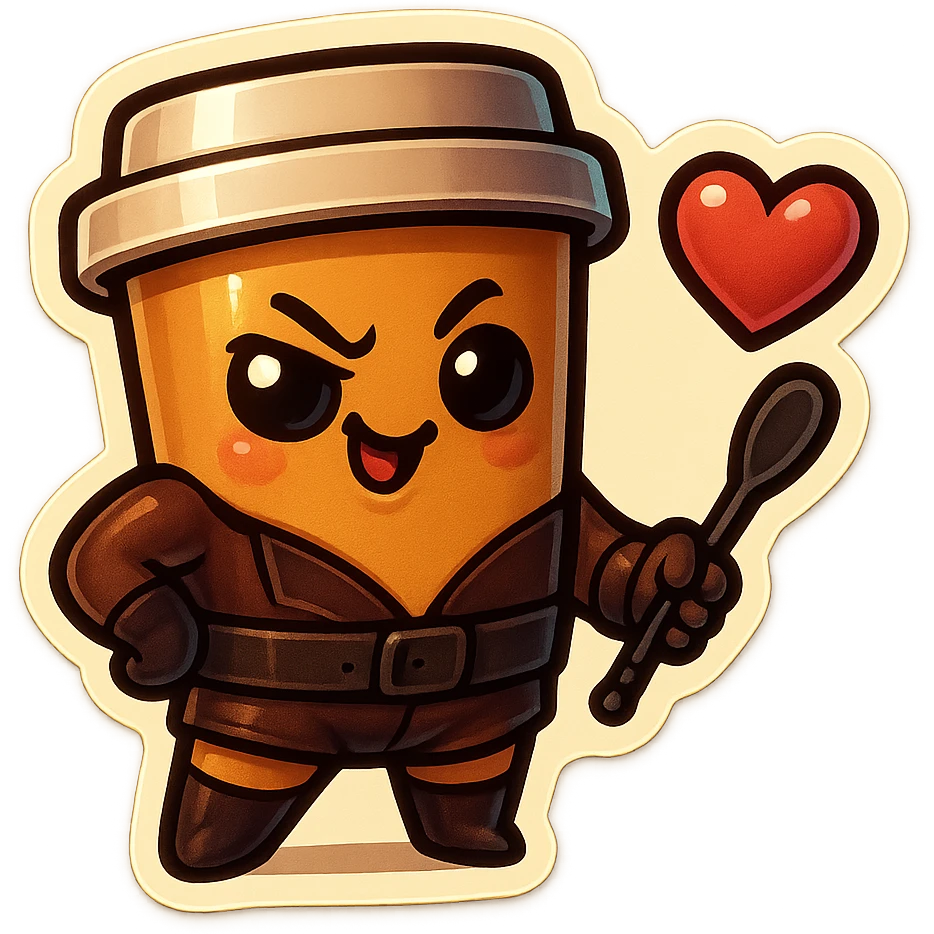 Tall coffee cup, dressed in leather holding a whipping paddle, mischevious, heart emoji