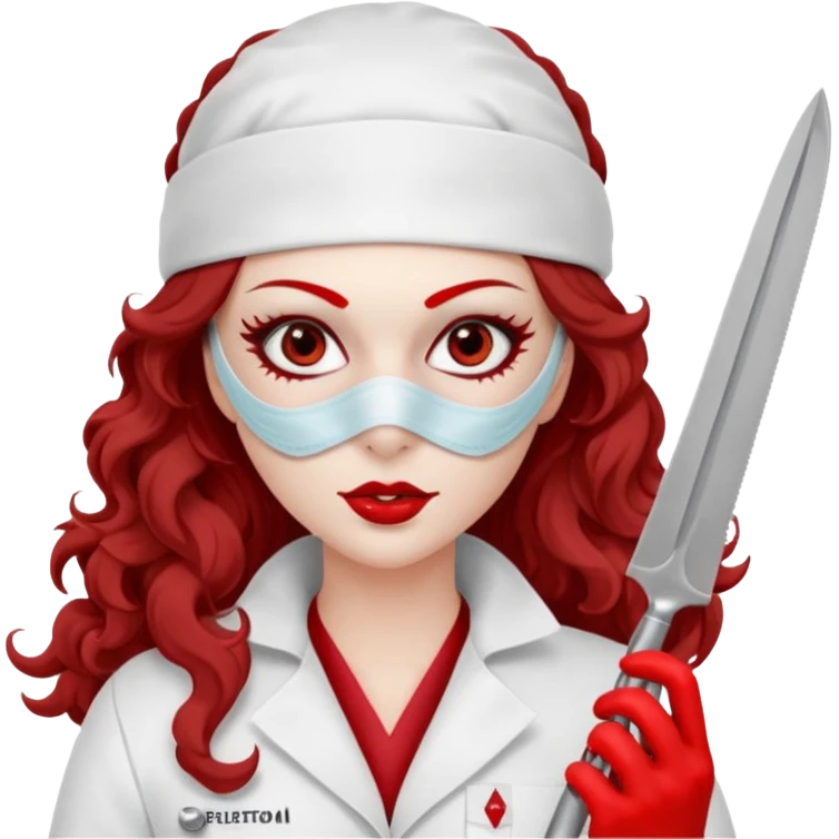 


Scary woman scalpel in hand, evil surgeon sexy surgeon clothes.  She has redcolored  eyes. Her  hair only is free ne brown long curly hair. Wears sexy doctor outfit with red gloves. make her wear full ski mask yo mask and nose mask  to hide. Wears white surgeon coat, wears  stilettos emoji