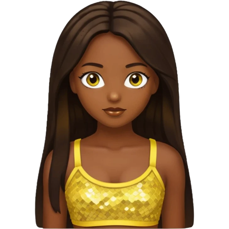 Sasha from Bratz with long dark brown hair, dark skin, hazel eyes, yellow sequin crop top emoji
