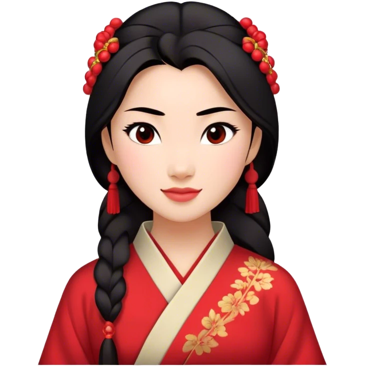 Cinematic Radiant Mulan Portrait Emoji, rendered in a realistic, vector-style with clean proportions. Show Mulan with a soft, confident smile, warm skin, and expressive eyes, her dark hair styled simply, and dressed in traditional clothing with understated red accents. The image radiates a gentle, luminous glow and high shine, accentuated by a soft glowing outline. emoji