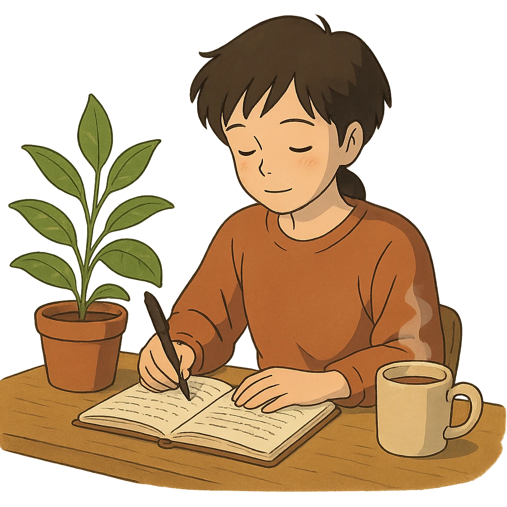 A self-care scene featuring a person journaling at a desk, with a warm drink and a plant emoji