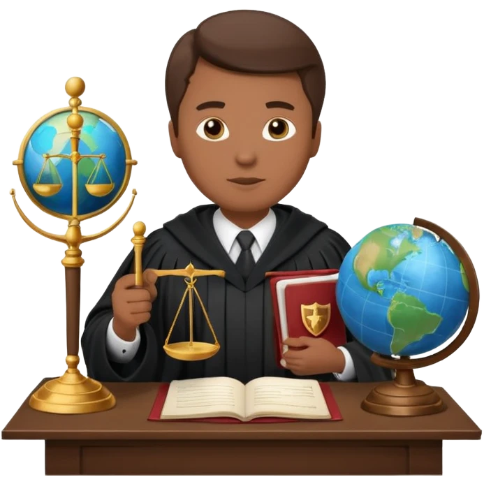 Create emojis representing:

A lawyer (legal profession symbol)

Scales of justice

Pen and paper (court documentation)

Globe (international cases)

Shield (rights protection)

Document (court ruling)

Speech bubble (negotiations/discussions)

Figure in judge's robe emoji