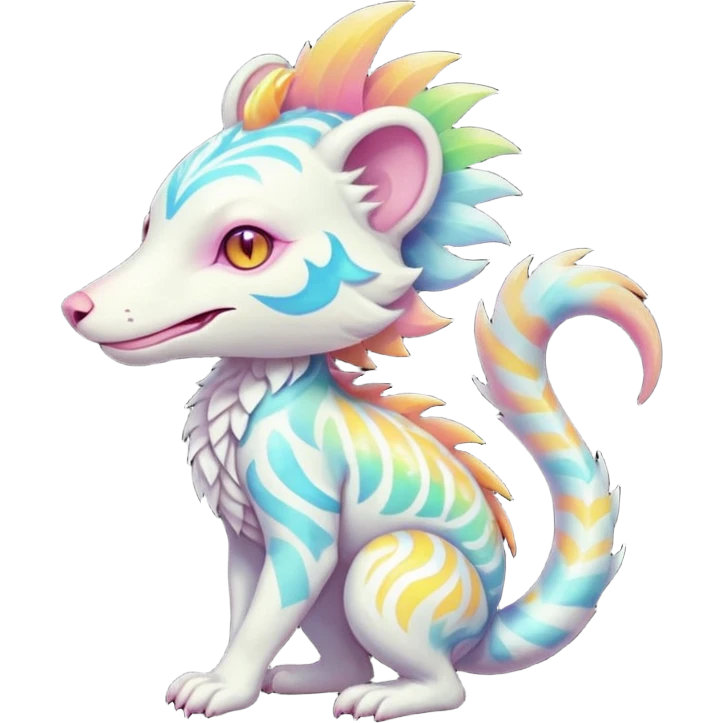 Colorful tropical tribal pale light fruity pastel white glorious iridescent divine exotic cute albino neon vibrant zigzagged cool beautiful fantasy-caracal-civet-genet-sergal-vernid-Gryphon-Cacomistle-Trico-oncilla-animal-Fakémon-hybrid-fursona (full body), facial markings,  emoji
