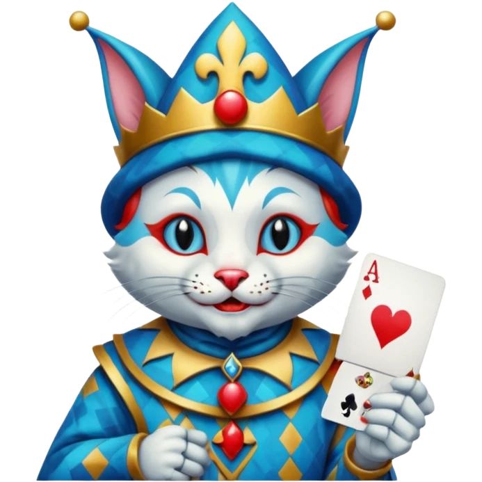 crazy colorful cute little cat jolly joker from poker, medieval, vintage, court jester, mac os icon, blue color, holds an ace poker card (clearly detailed and precise) emoji